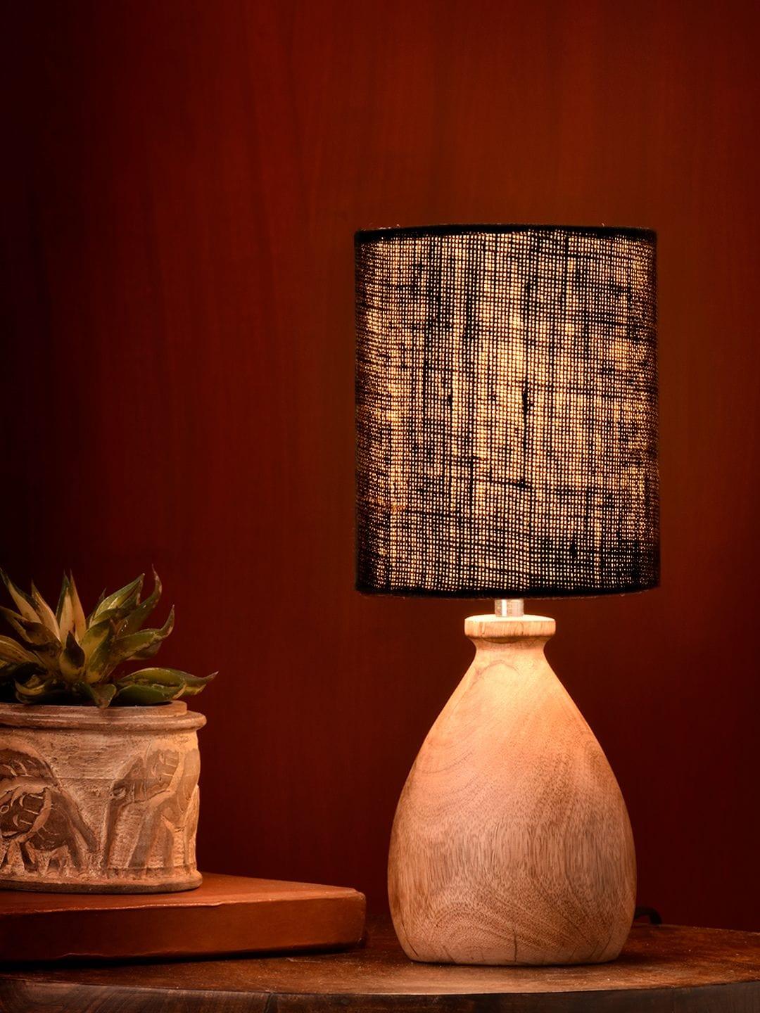 Wooden Dome Table Lamp with Jute Black Shade - Ouch Cart