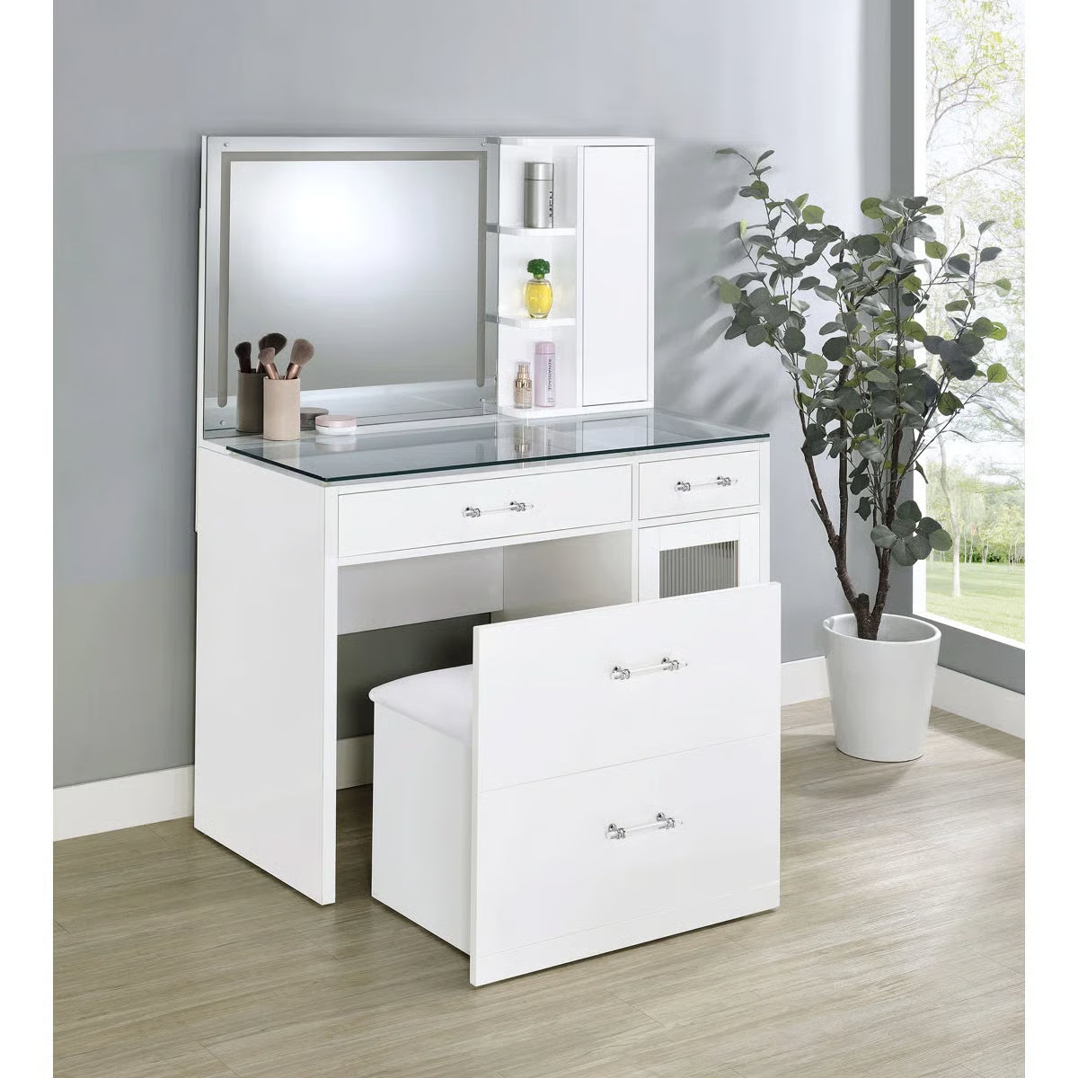 Elegant Jaiyla 2-Drawer Vanity Set with LED Mirror – Modern High Gloss Desk-OUCH CART |Dressing table