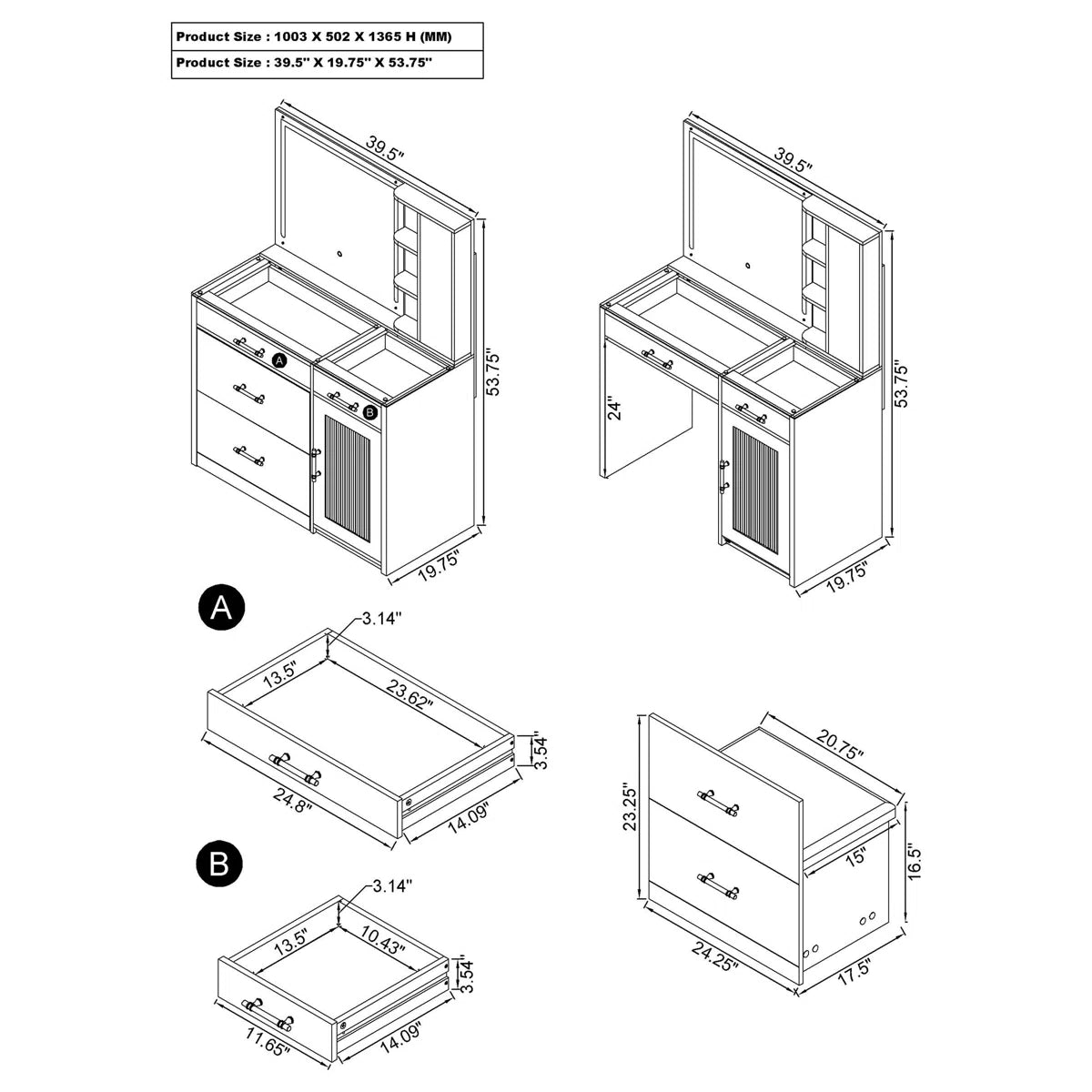 Elegant Jaiyla 2-Drawer Vanity Set with LED Mirror – Modern High Gloss Desk-OUCH CART |Dressing table