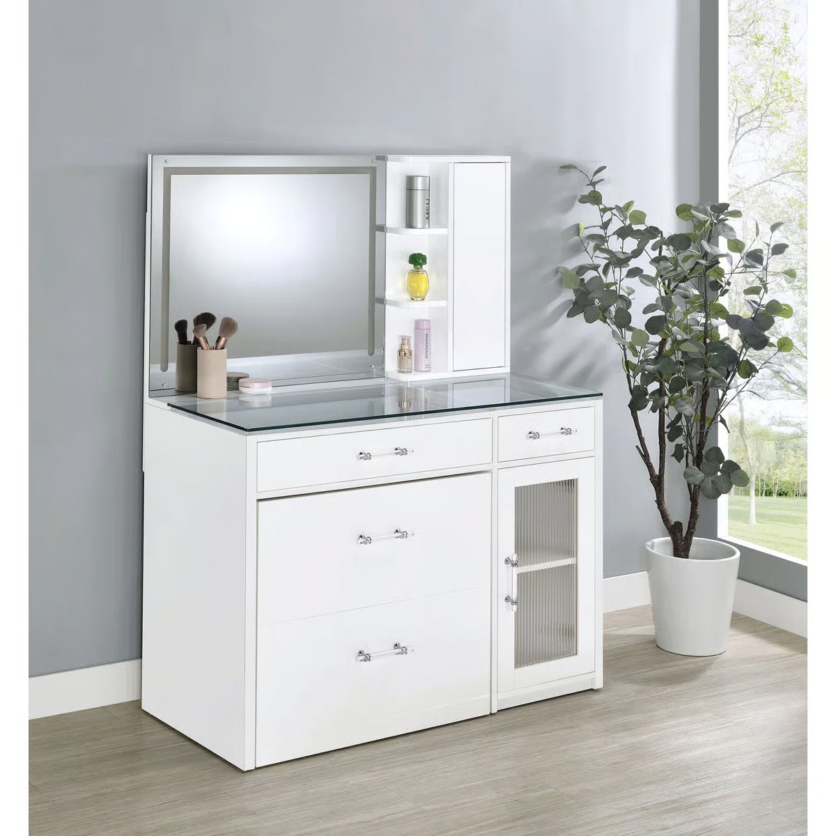 Elegant Jaiyla 2-Drawer Vanity Set with LED Mirror โ Modern High Gloss Desk-OUCH CART |Dressing table