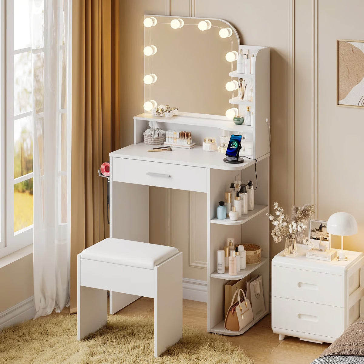 Jaseria Vanity Desk with Lighted Mirror & Power Outlet – Bedroom Makeup Table