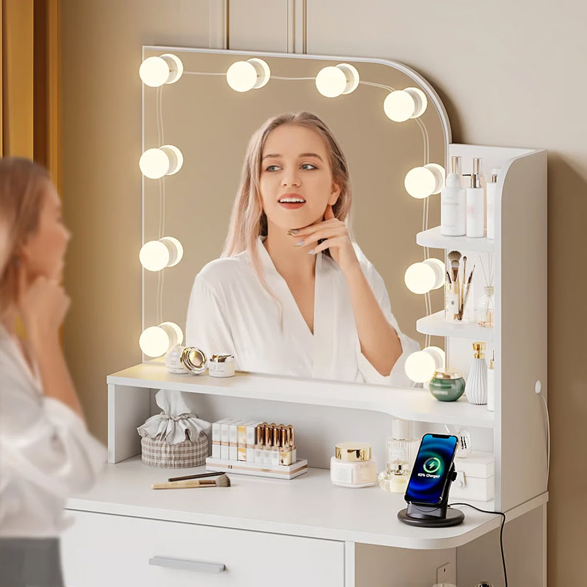 Jaseria Vanity Desk with Lighted Mirror & Power Outlet – Bedroom Makeup Table