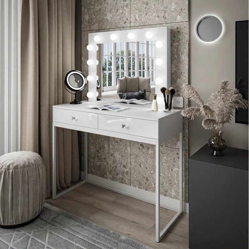 White Vanity Table with Charging Station & Power Outlet, Makeup Vanity with Storage Drawers, Vanity Desk with Lighted Mirror for Women - Ouch Cart