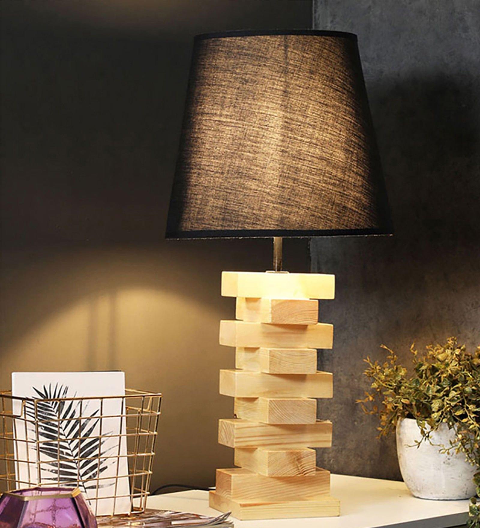 Libra Brown Wooden Table Lamp with Yellow Printed Fabric Lampshade (BULB NOT INCLUDED) - Ouch Cart