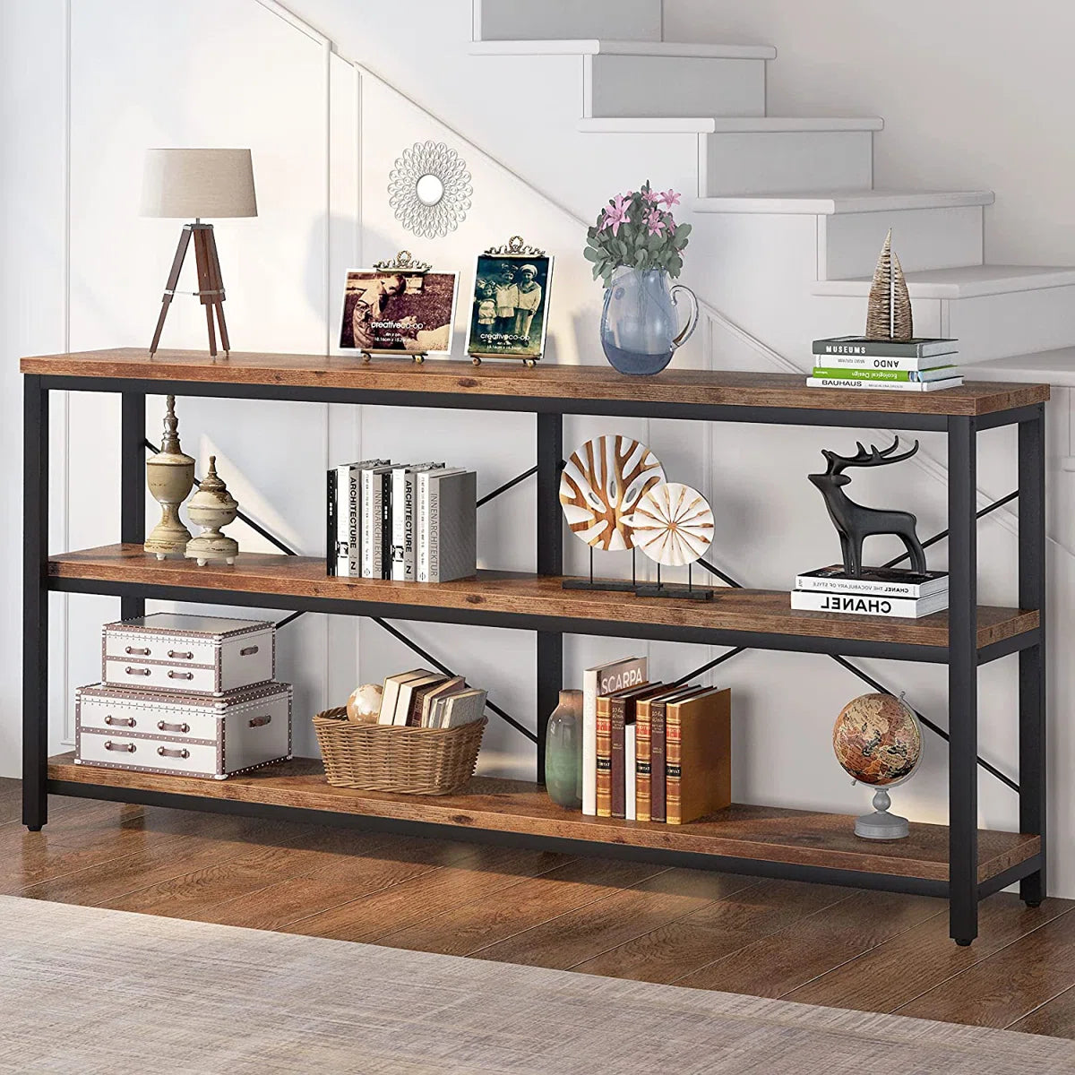 Long & Narrow Industrial Console Table – 3-Tier Sofa Table for Entryway and Living Room OUCH CART