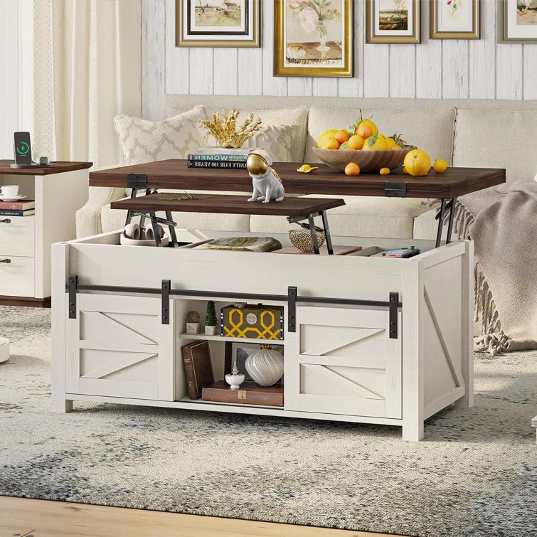 Lift Top Coffee Table for Living Room with 4 Sliding Barn Doors OUCH CART