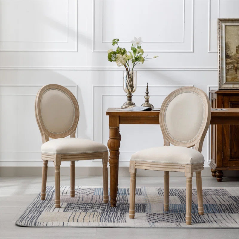 French Style Upholstered Dining Chairs Set of 2 with Solid Wood Frame & Oval Back Design