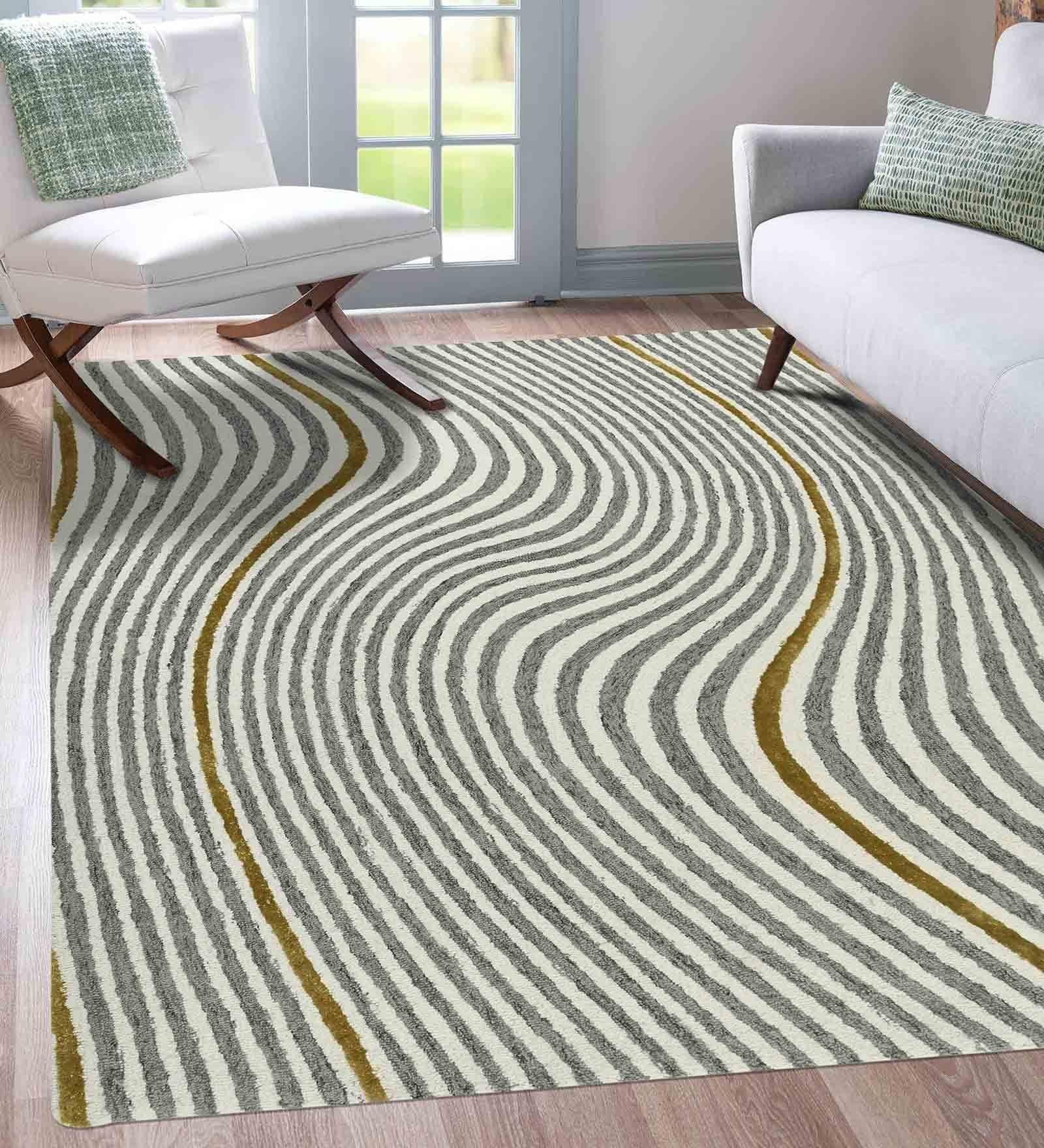 WHITE IVORY Wool & Viscose Canyan 5x8 Feet Hand-Tufted Carpet - Rug - Ouch Cart