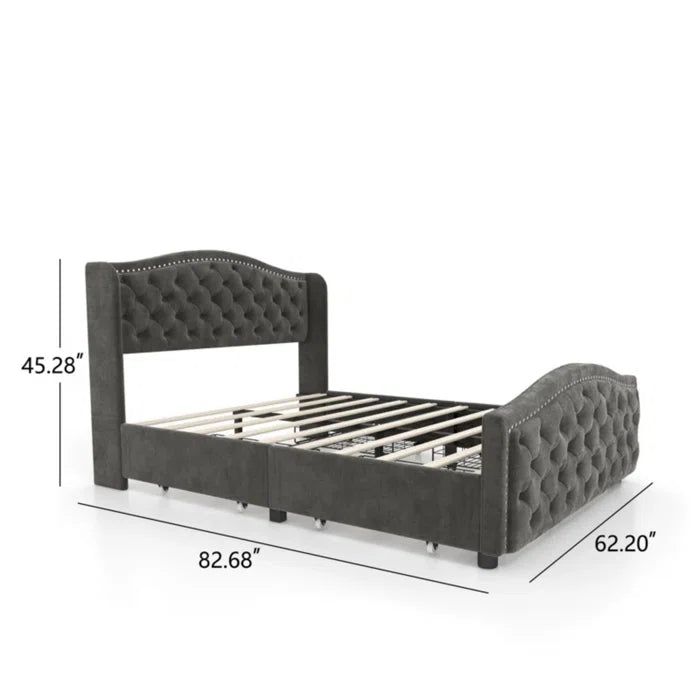 Velvet Upholstered Metal Nail Trim Platform Bed with Tufted Headboard OUCH CART
