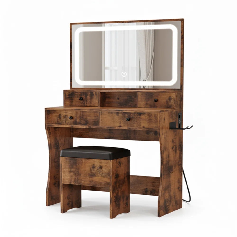Elegant Brown Makeup Vanity with Drawers & LED Mirror