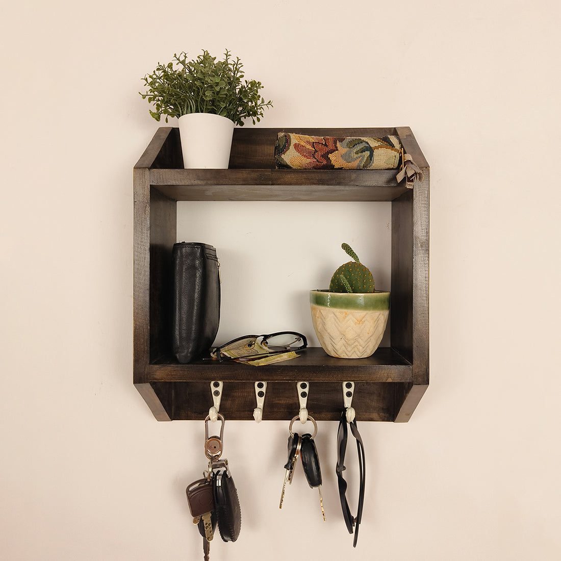 Kingston Wooden Wall Shelf Organiser with Key Holders- OUCH CART | Wall hangings