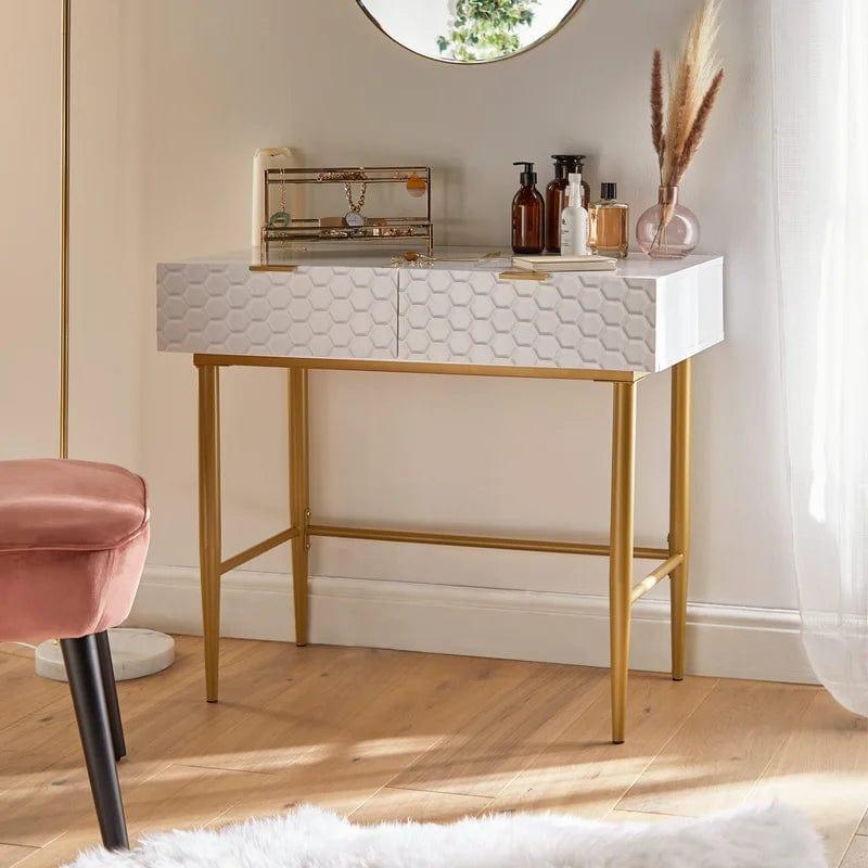 Desk with 2 Drawers, Nail Table Made of Wood, Metal Frame, Manicure Table, White Gold, Dressing Table without Mirror, Modern, Computer Desk, Living Room - Ouch Cart