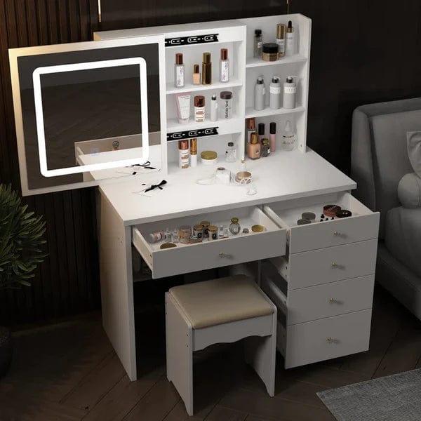 Rob merg Vanity Desk Set with LED Lighted Mirror & Power Outlet, Makeup Vanity Table with 5 Drawers,Storage with stool,for Bedroom, Bathroom, White - Ouch Cart