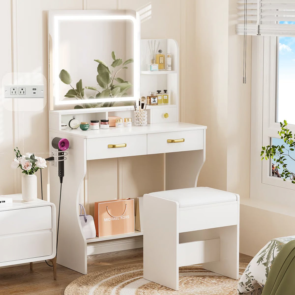 Kyriako Modern Makeup Vanity with LED Mirror, Charging Ports & 3 Drawers – Perfect Bedroom Dressing Table