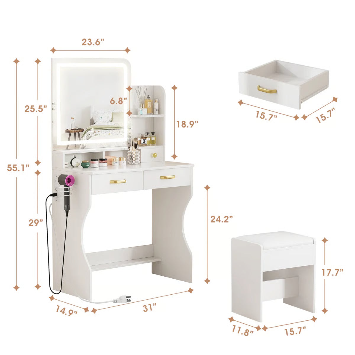 Kyriako Modern Makeup Vanity with LED Mirror, Charging Ports & 3 Drawers – Perfect Bedroom Dressing Table