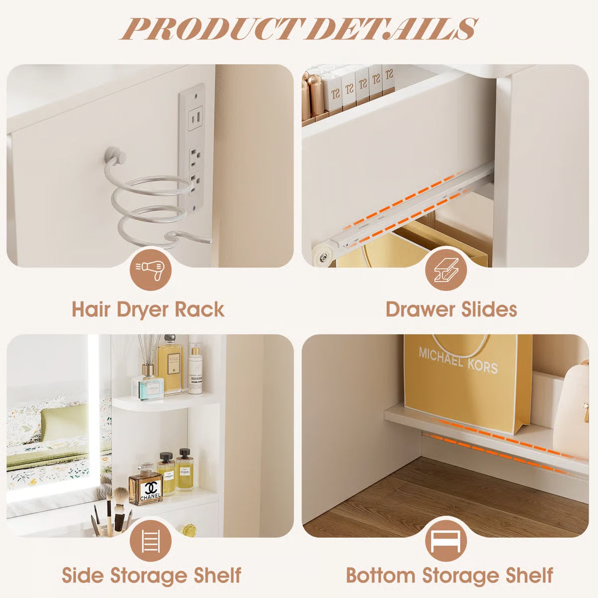 Kyriako Modern Makeup Vanity with LED Mirror, Charging Ports & 3 Drawers – Perfect Bedroom Dressing Table