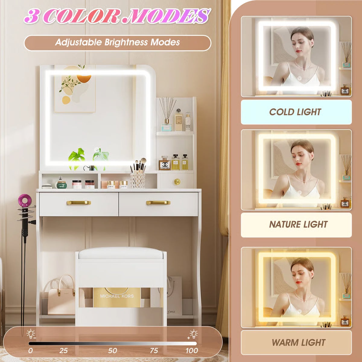 Kyriako Modern Makeup Vanity with LED Mirror, Charging Ports & 3 Drawers – Perfect Bedroom Dressing Table-OUCH CART |Dressing table