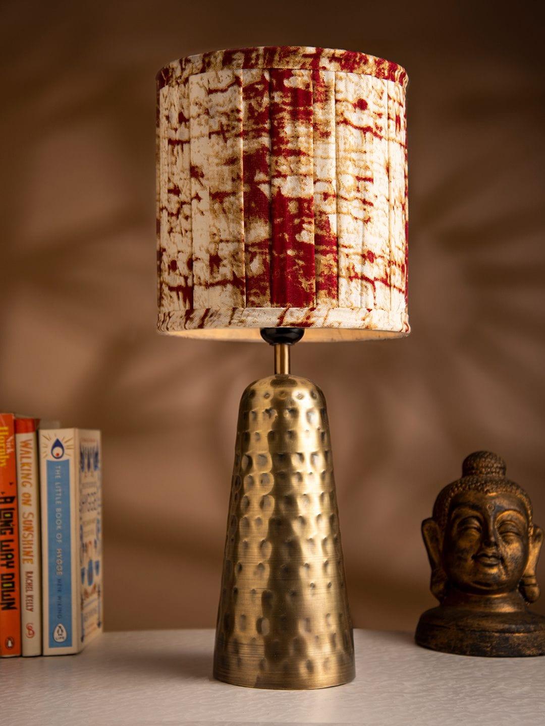 Golden Hammered V-Shaped Lamp with Pleeted Muticolor Maroon Shade - Ouch Cart