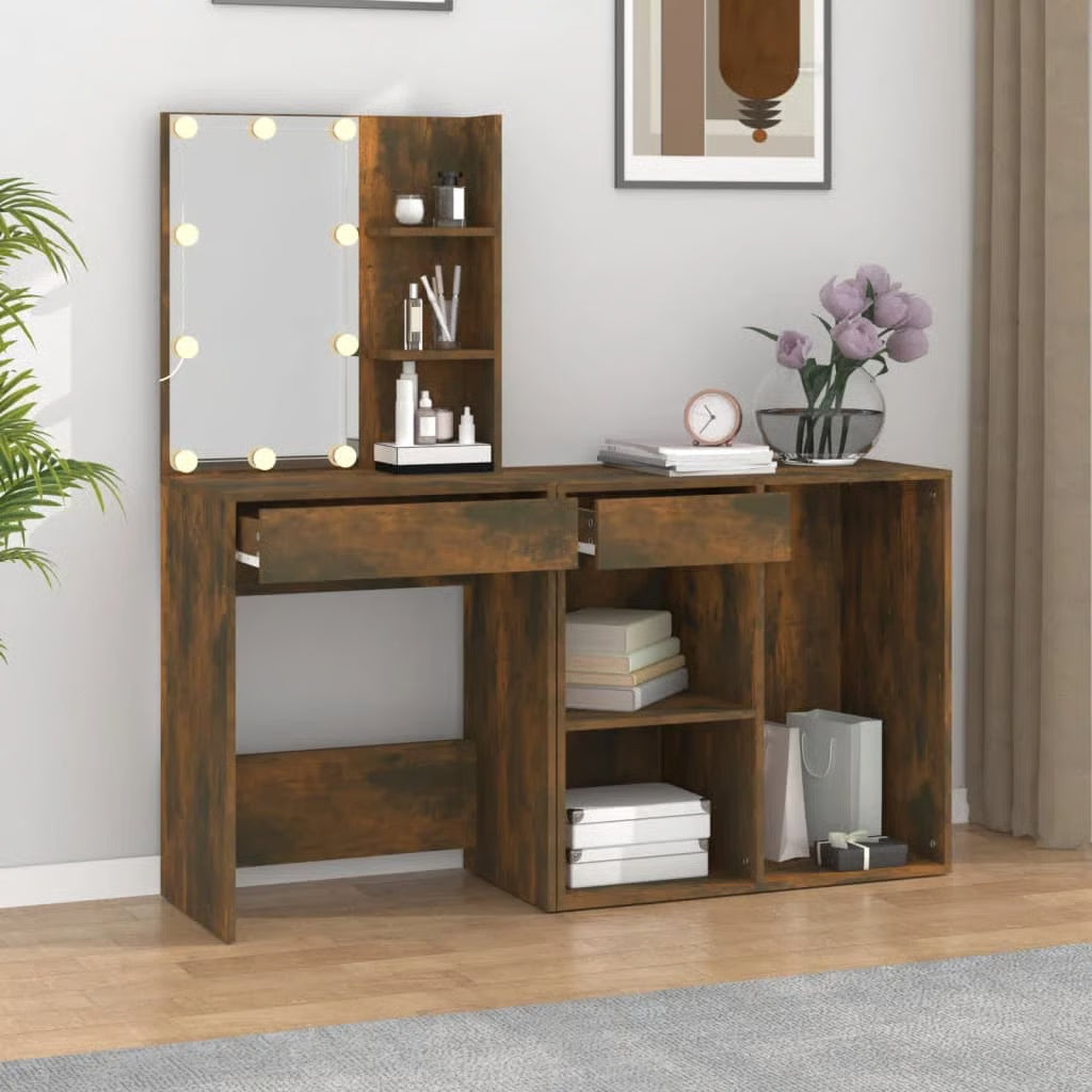 LED Vanity Dressing Table – Smoked Oak Engineered Wood Desk with Storage Cabinet