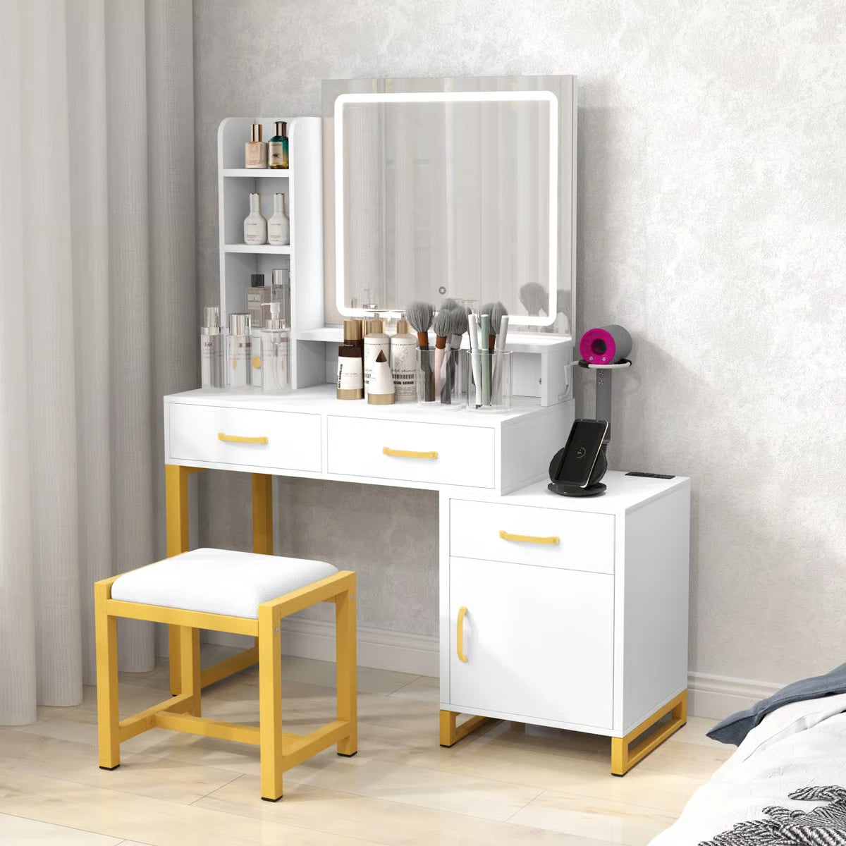 LED Lighted Vanity Set โ Makeup Table with Mirror and Stool Included-OUCH CART |Dressing table