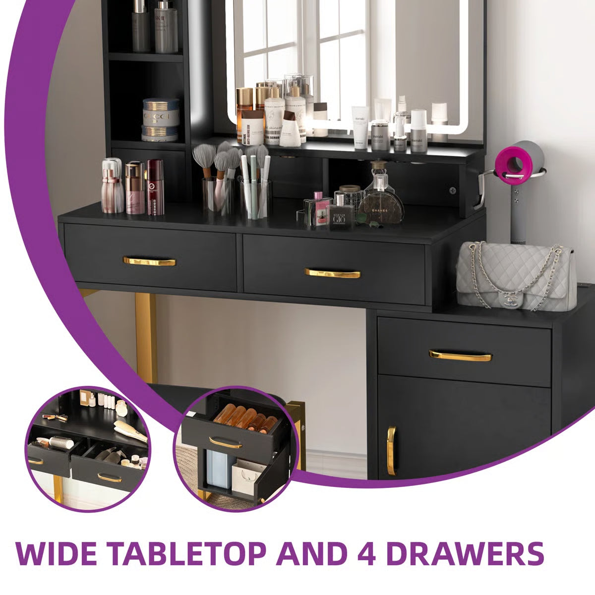 LED Lighted Vanity Set – Makeup Table with Mirror and Stool Included