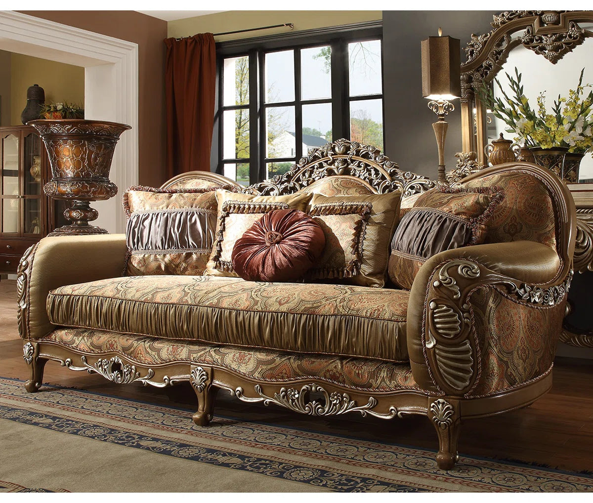 LIVING ROOM SOLID WOOD/FABRIC SOFA | LIGHT MAPLE W/SILVER HIGHLIGHT