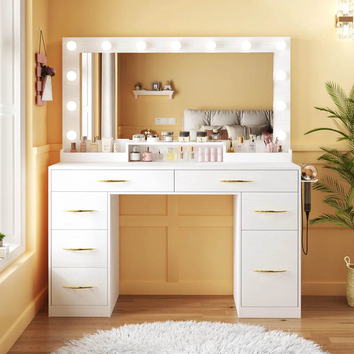 Large Size Vanity Desk with LED Mirror, Power Outlet, and 7 Spacious Drawers