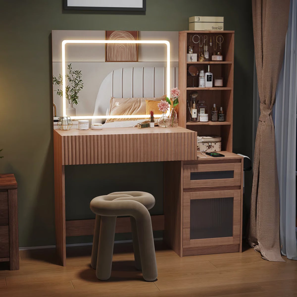 Modern 43.3"W Makeup Vanity Table with Adjustable Lighting OUCH CART | Dressing table