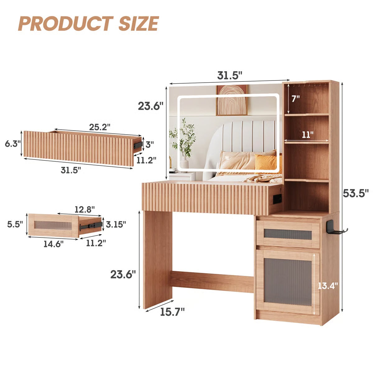 Modern 43.3"W Makeup Vanity Table with Adjustable Lighting