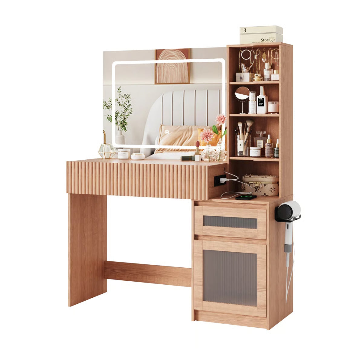 Modern 43.3"W Makeup Vanity Table with Adjustable Lighting OUCH CART | Dressing table