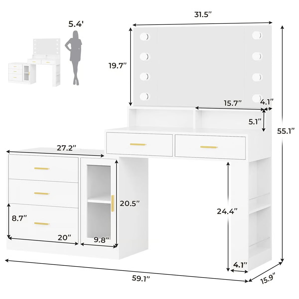 Luxury Large Makeup Vanity Table with Mirror and 5 Drawers