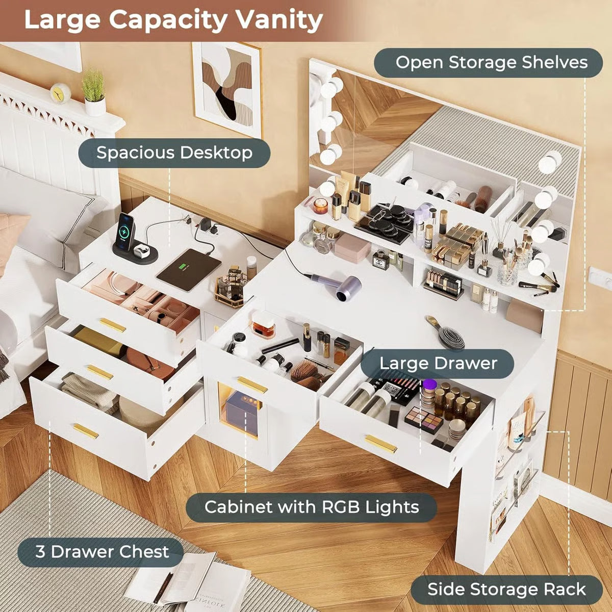 Luxury Large Makeup Vanity Table with Mirror and 5 Drawers
