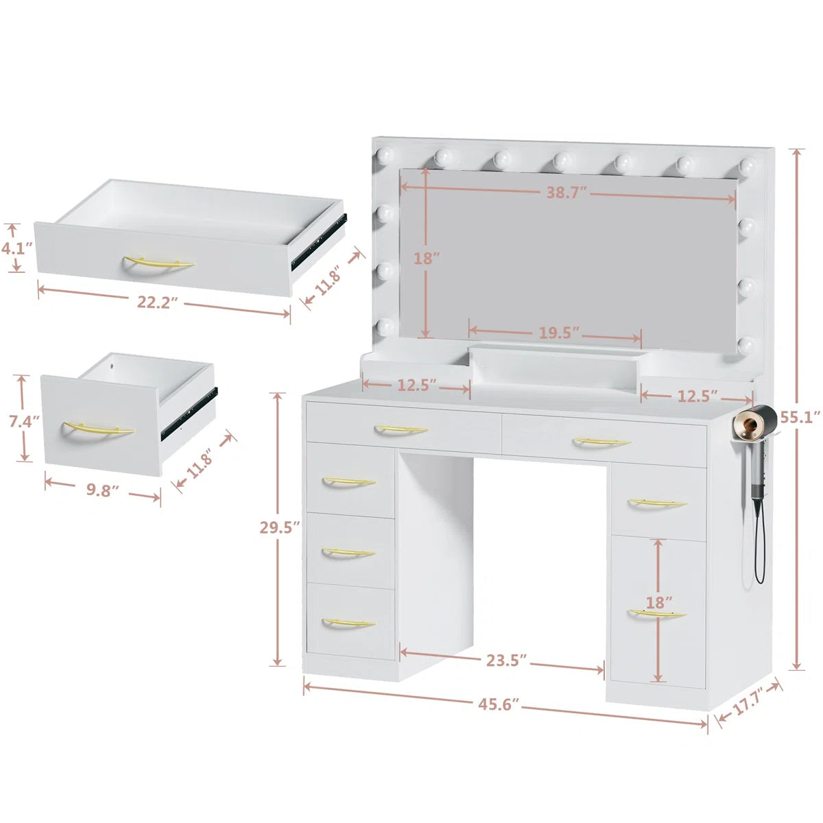 Large Size Vanity Desk with LED Mirror, Power Outlet, and 7 Spacious Drawers-OUCH CART | Dressing table