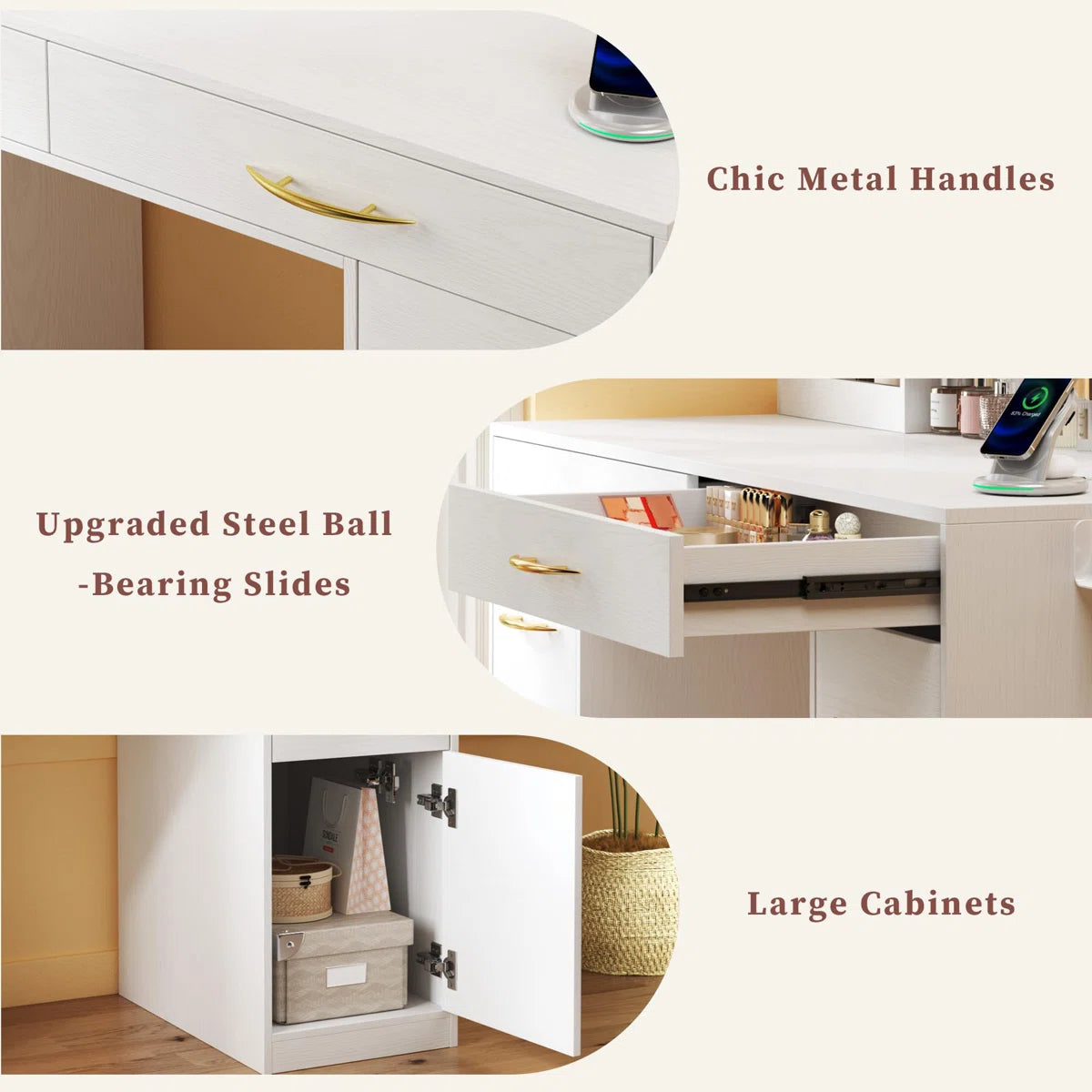 Large Size Vanity Desk with LED Mirror, Power Outlet, and 7 Spacious Drawers