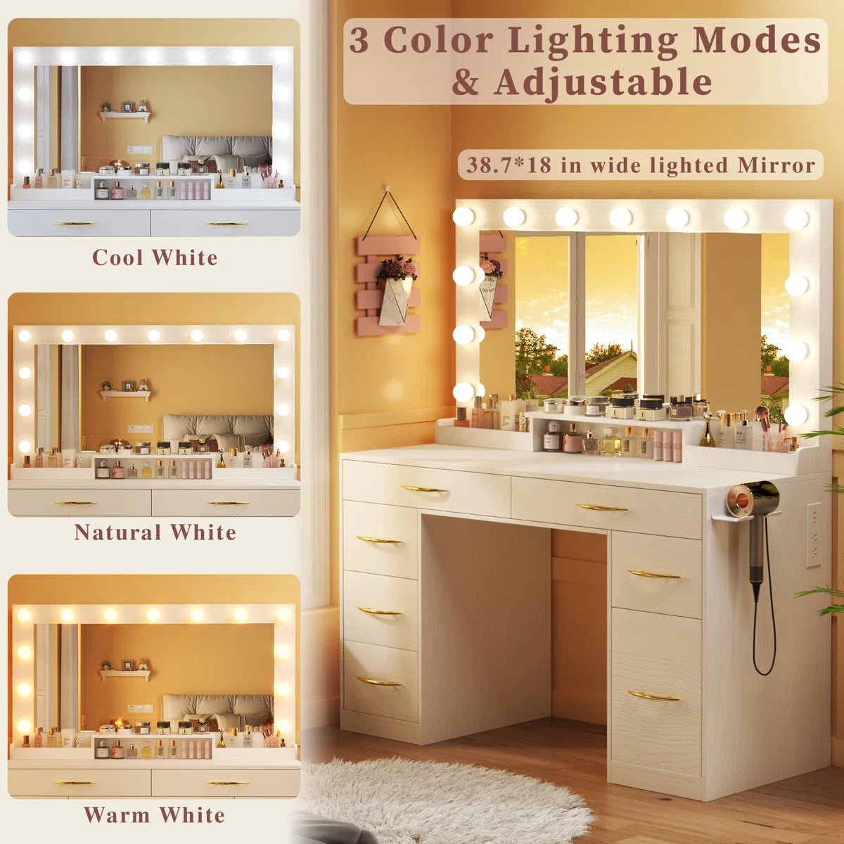 Large Size Vanity Desk with LED Mirror, Power Outlet, and 7 Spacious Drawers