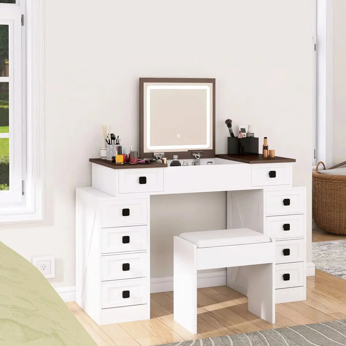 10-Drawer Makeup Vanity Desk – Dimmable LED, Foldable Mirror, White & Walnut Finish with Storage Stool-OUCH CART |Dressing table