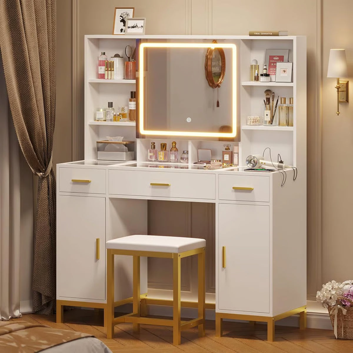 White Makeup Vanity Desk with Openable LED Mirror, 3-Mode Lights, Glass Drawers, Gold Table Legs, and Comfortable Stool-OUCH CART| Dressing table