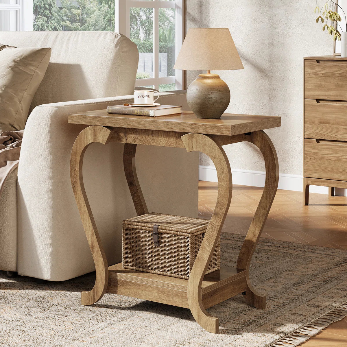 Modern Wooden End Table with Storage Shelf Ouch Cart
