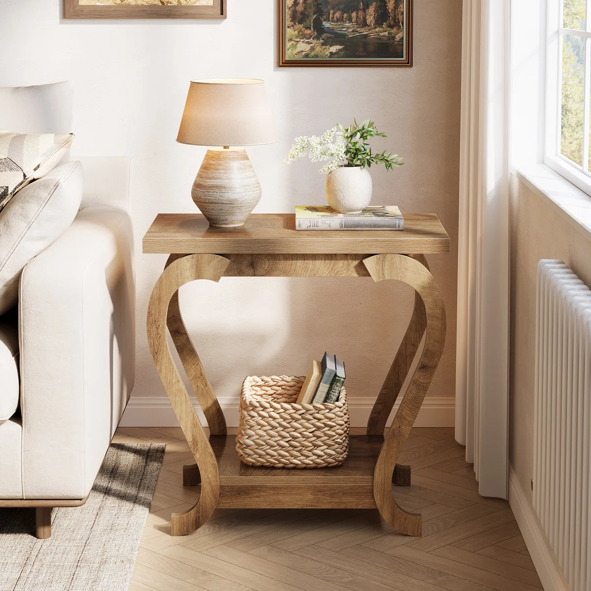 Modern Wooden End Table with Storage Shelf Ouch Cart