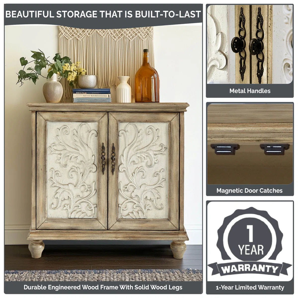 Liza 2-Door Carved Wood Storage Cabinet