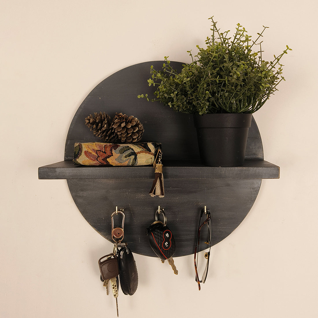 Lotus Wooden Wall Shelf Organiser with Key Holders