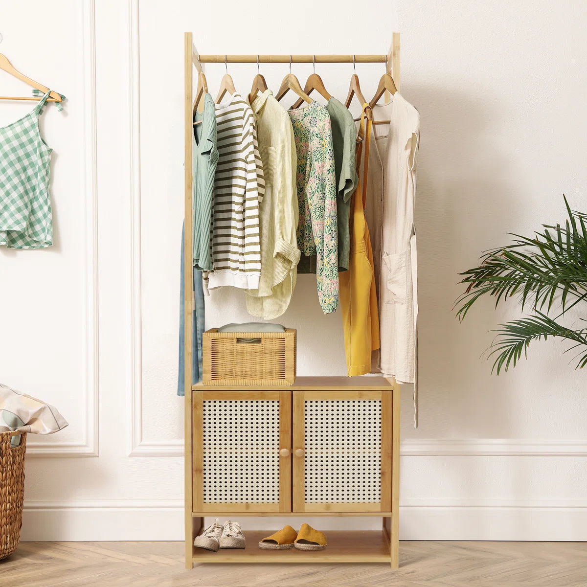 Ouch Cart Bamboo Clothes Storage Rack | Wooden Wardrobe Stand with Shelves & Hanging Rod