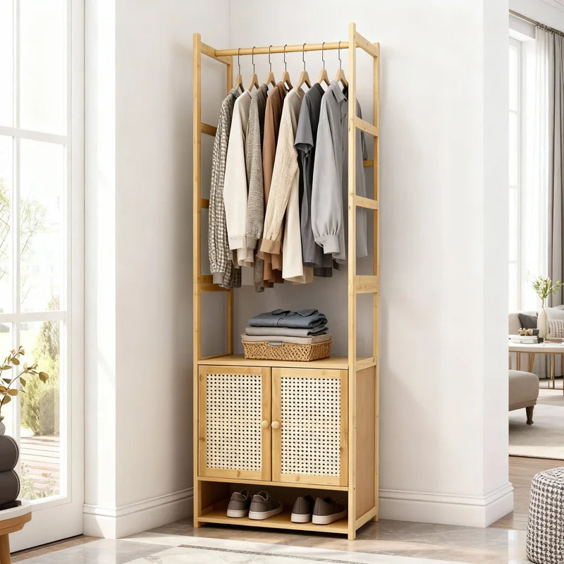 Ouch Cart Bamboo Clothes Storage Rack | Wooden Wardrobe Stand with Shelves & Hanging Rod