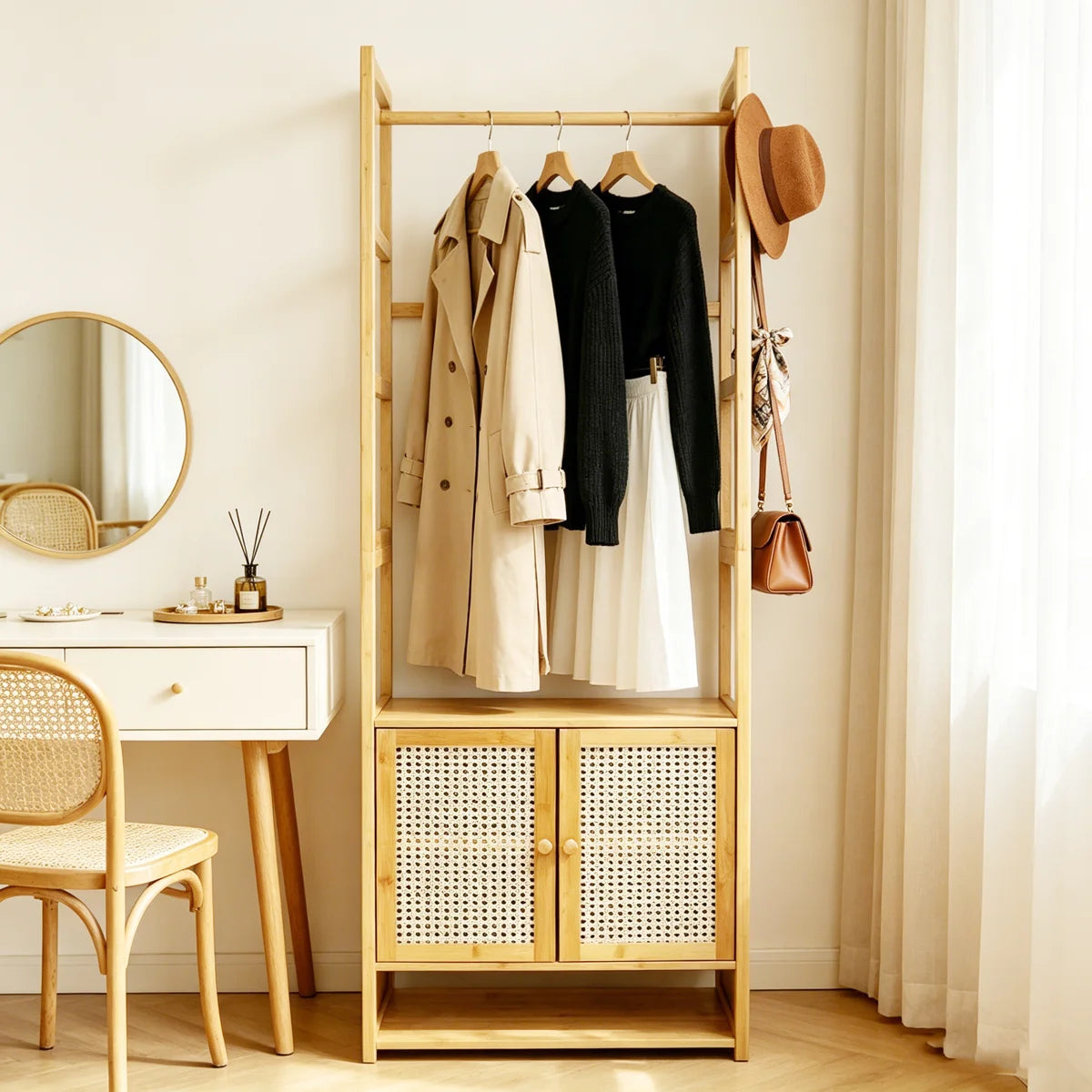 Ouch Cart Bamboo Clothes Storage Rack | Wooden Wardrobe Stand with Shelves & Hanging Rod