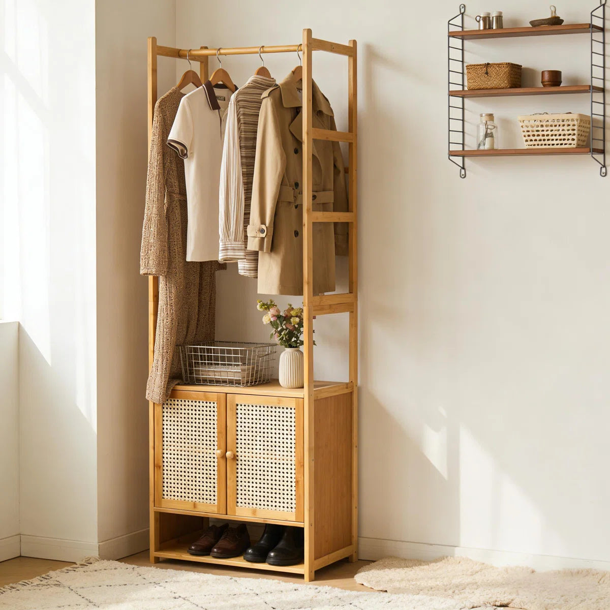 Ouch Cart Bamboo Clothes Storage Rack | Wooden Wardrobe Stand with Shelves & Hanging Rod