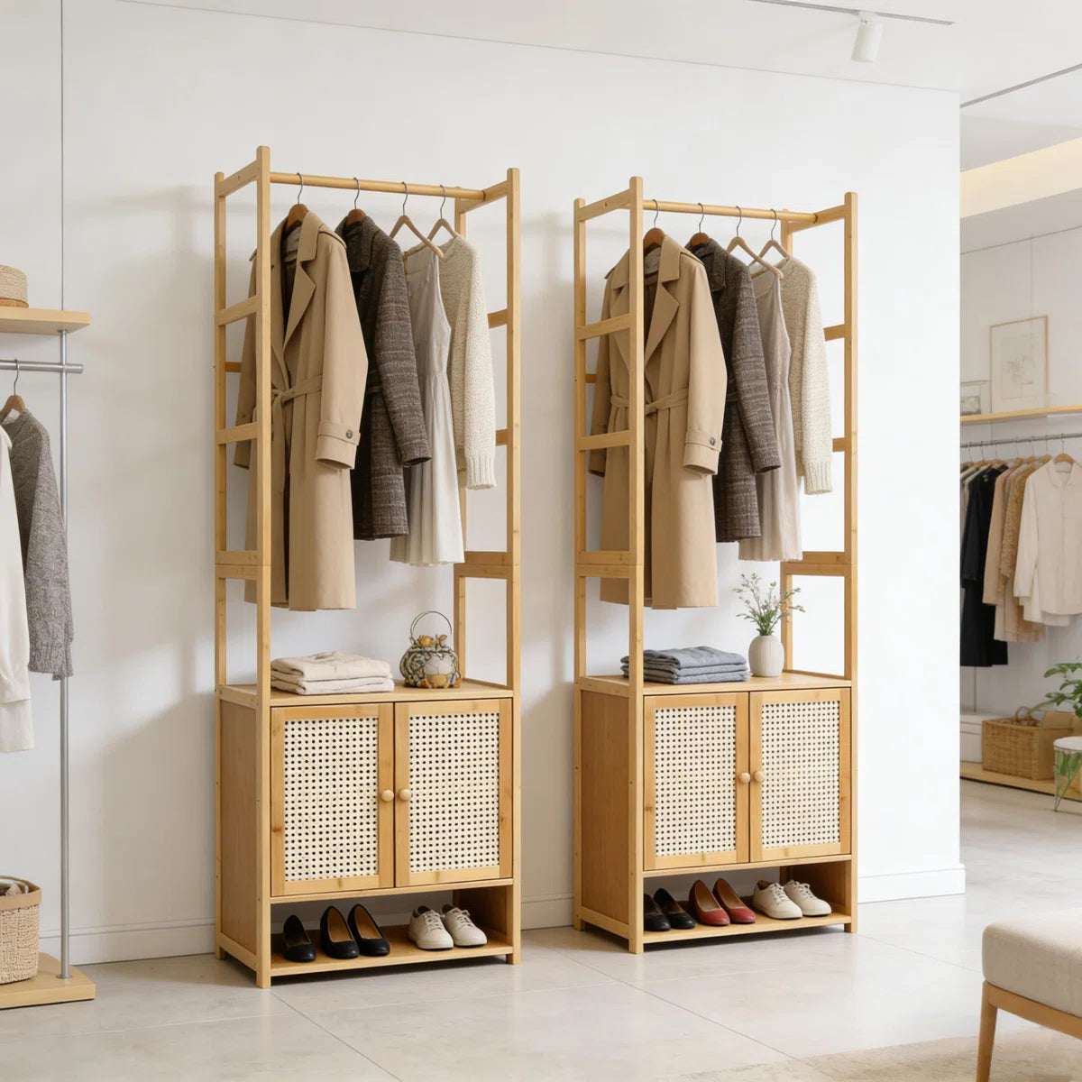Ouch Cart Bamboo Clothes Storage Rack | Wooden Wardrobe Stand with Shelves & Hanging Rod OUCH CART