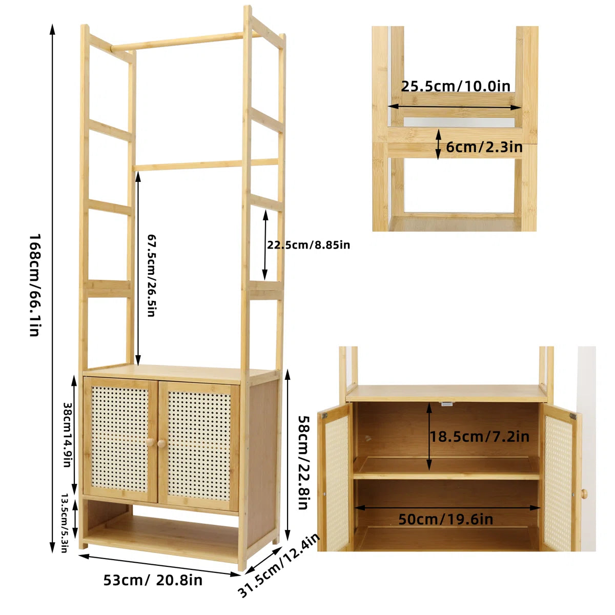 Ouch Cart Bamboo Clothes Storage Rack | Wooden Wardrobe Stand with Shelves & Hanging Rod
