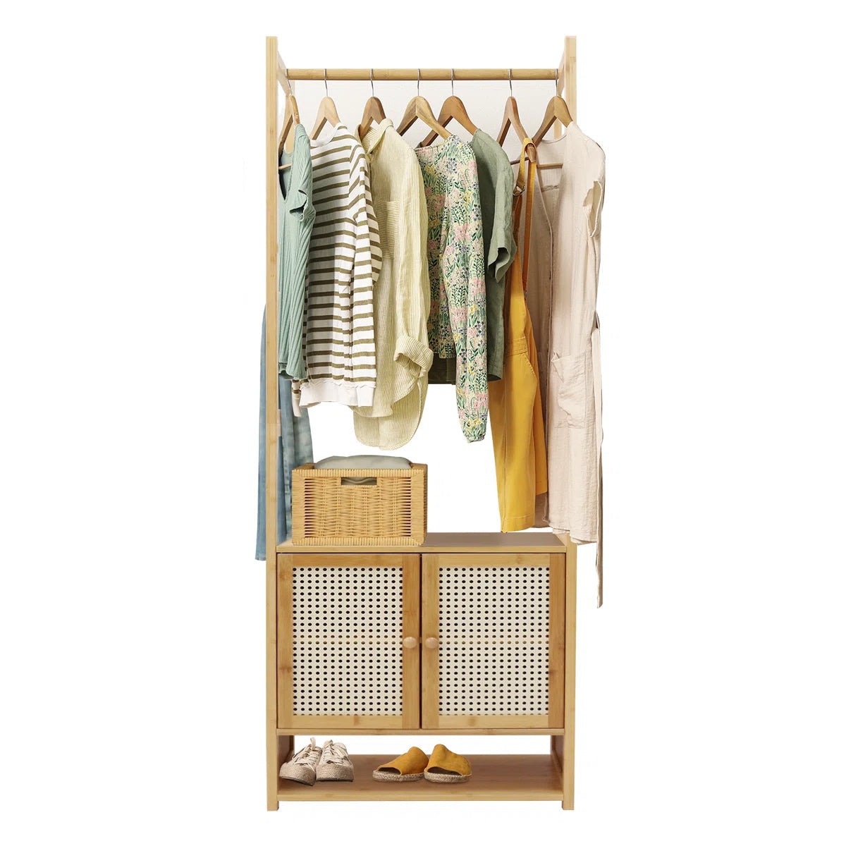 Ouch Cart Bamboo Clothes Storage Rack | Wooden Wardrobe Stand with Shelves & Hanging Rod OUCH CART