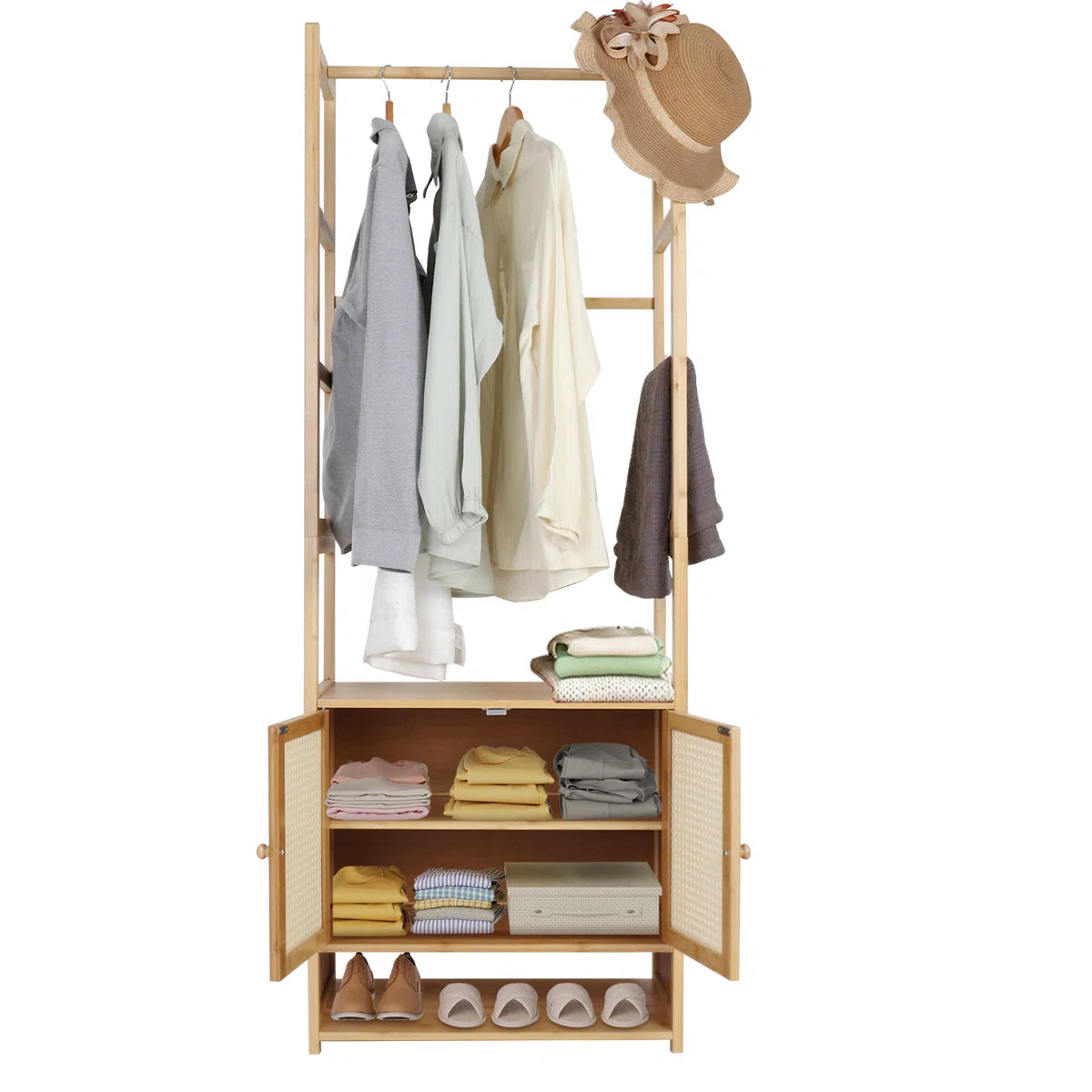 Ouch Cart Bamboo Clothes Storage Rack | Wooden Wardrobe Stand with Shelves & Hanging Rod