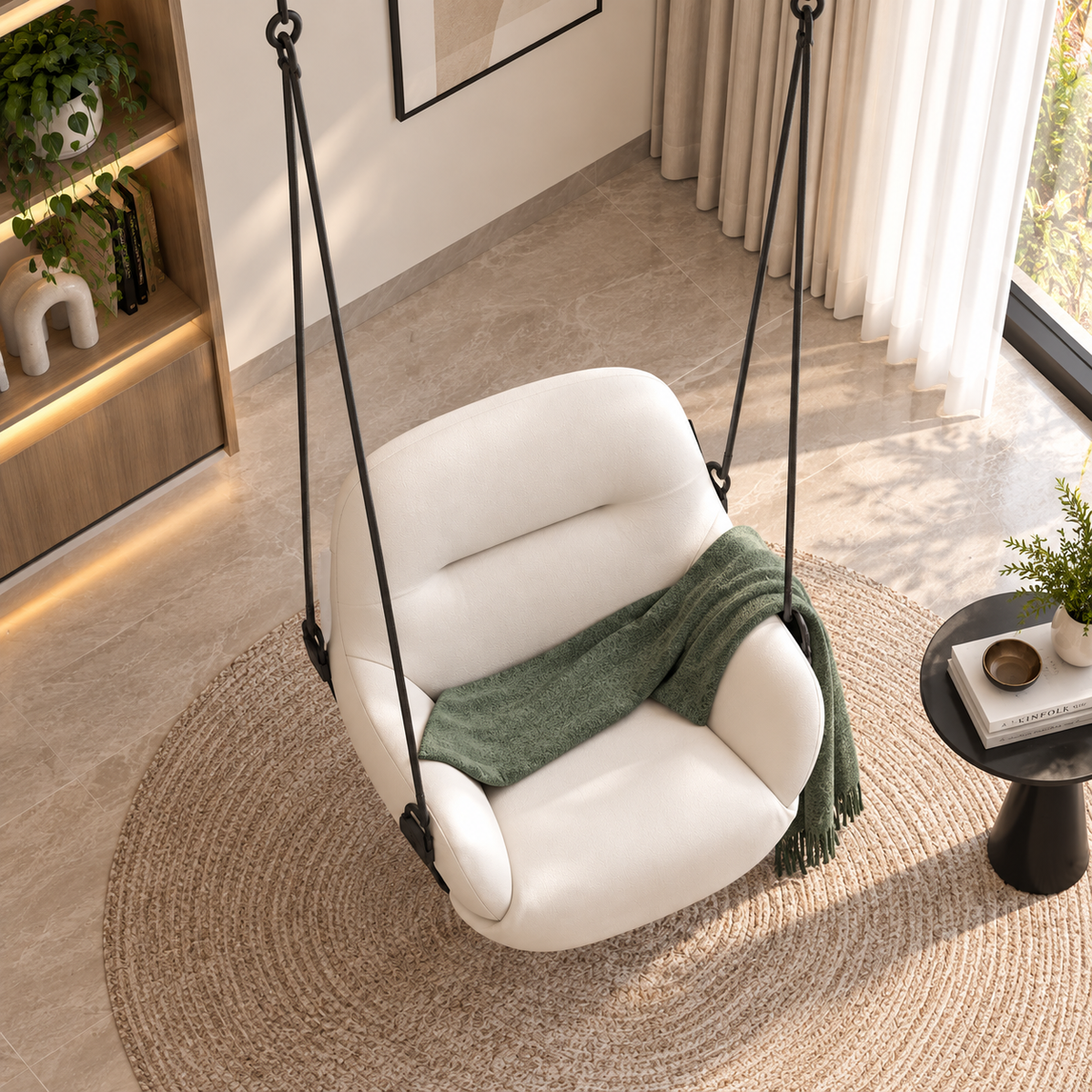 Luxury Cream Upholstered Hanging Swing Chair | Modern Indoor Relaxing Chair OUCH CART